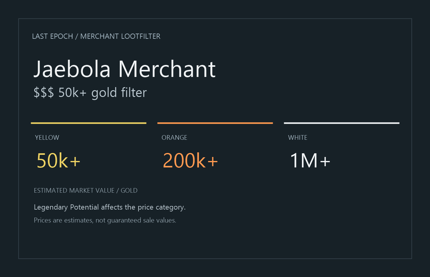 Jaebola Merchant $$$ 50k+ gold filter — estimated price categories
